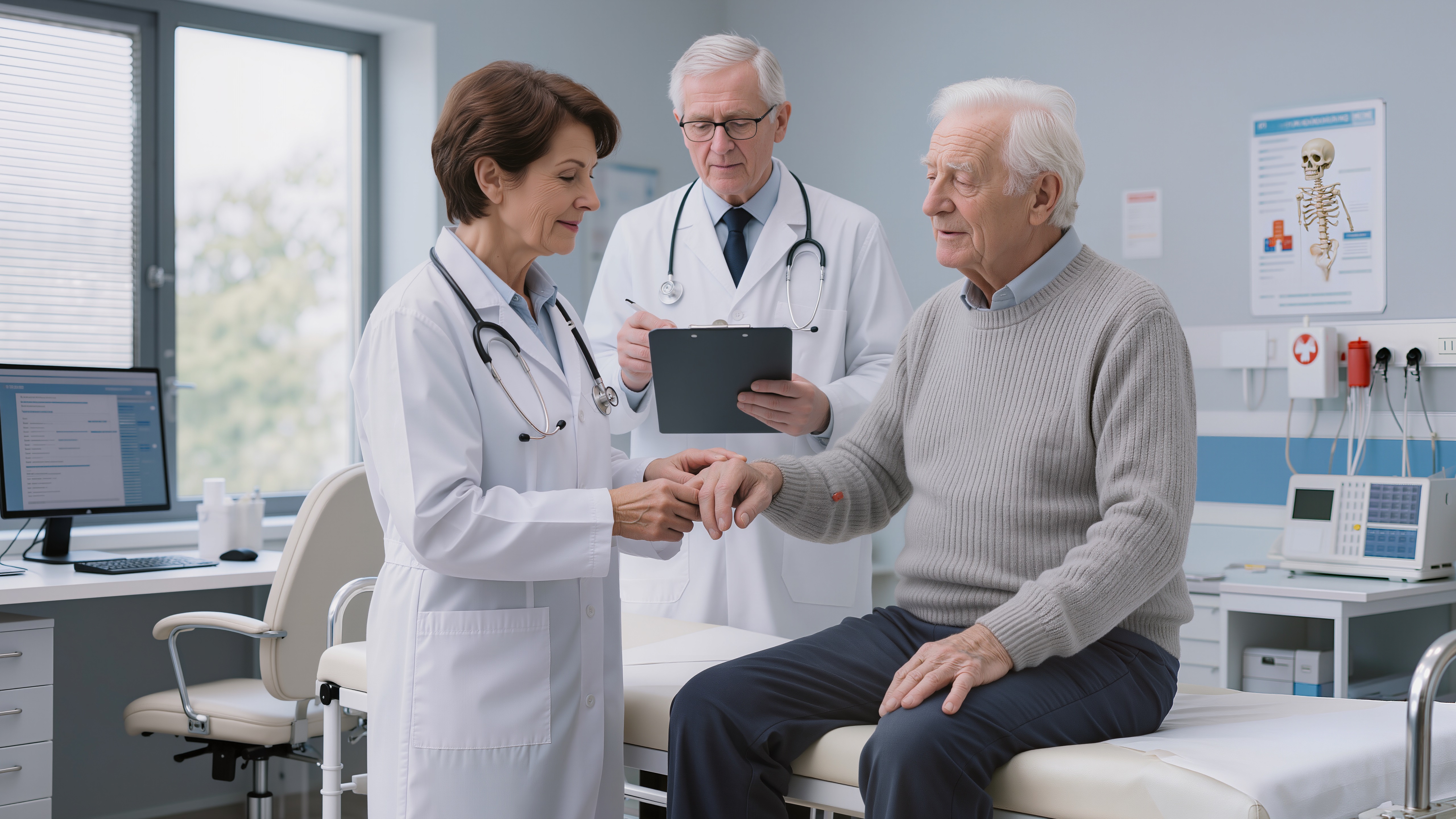Two doctors consulting with an older adult patient during a specialist medical assessment