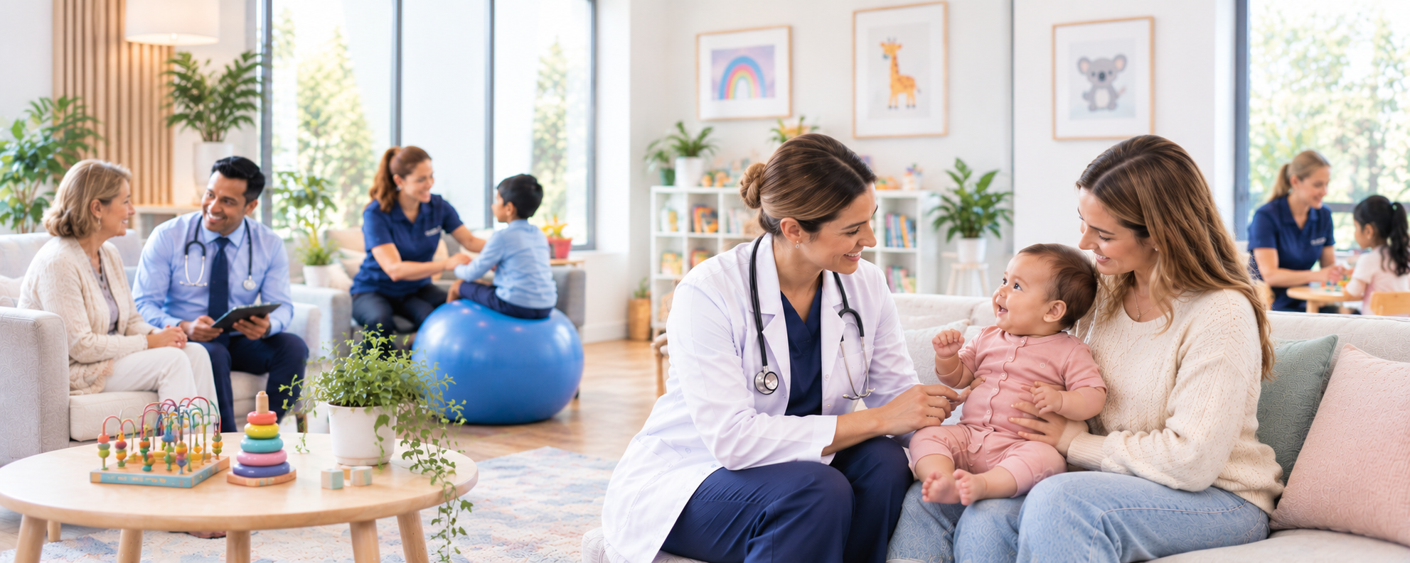 A busy, welcoming clinic waiting area with families of all ages — children playing, a paediatrician greeting a happy baby, and an adult consultation taking place, at Berwick Paediatric & Family Specialists